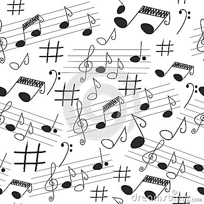 Cute musical vector seamless pattern, black and white hand drawn elements. Vector Illustration