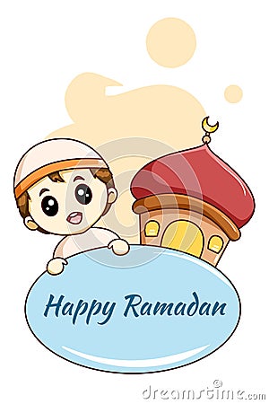 Cute Muslim boy with mosque Ramadan Kareem cartoon illustration Vector Illustration