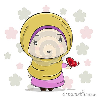 A Cute Muslim Girl Cartoon with Red Butterfly on Her Hand Vector Illustration