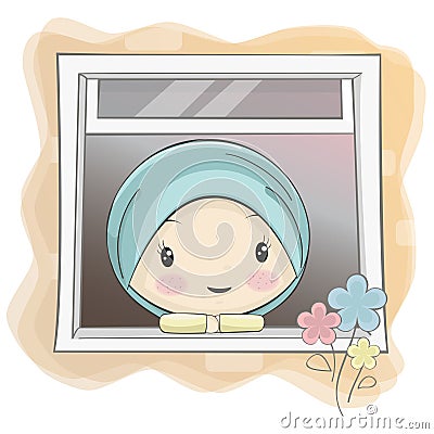 A Cute Muslim Girl Cartoon Starring Through the Window Vector Illustration