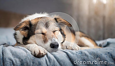 A cute mutt dog sleeping on the bed. Dog sleeping at home on the bed Stock Photo