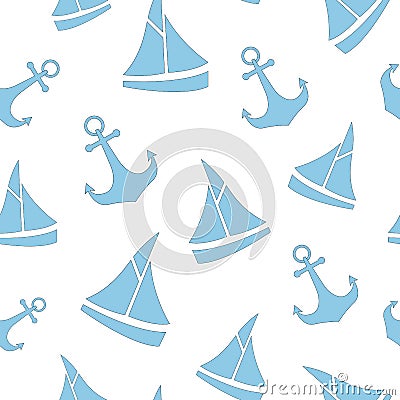 Cute nautical pattern with sailboat and anchor. Baby marine seamless pettern for fabric, for textile, for nursery Vector Illustration