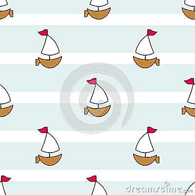 Cute nautical sailboats on a background of stripes and lines. Seamless vector illustration. Drawing for birthday, anniversary, par Vector Illustration