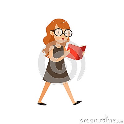 Cute nerd girl walking and reading book. Pupil with interested face expression in black dress and glassed. Cartoon Vector Illustration