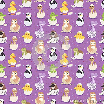 Cute new born animals in eggs easter seamless pattern background Vector Illustration