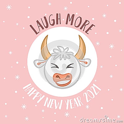 Cute New Year card with a wish and a cartoon bull Vector Illustration