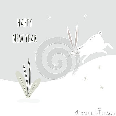 Cute 2023 New Year greeting card with kawaii hopping bunny in snowdrift. Winter forest scene illustration Vector Illustration