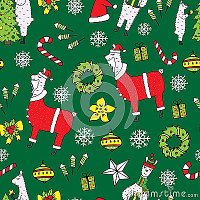 Cute New Year seamless pattern with Lamas Vector Illustration