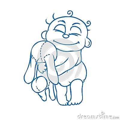 Cute newborn baby hugging toy bunny Vector Illustration