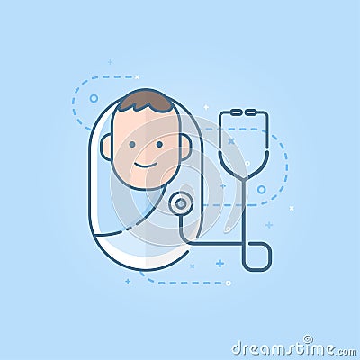 Cute newborn baby icon with the stethoscope, flat symbol design. Vector Illustration