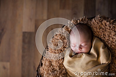 Cute newborn baby sleeping on fluffy soft blanket Stock Photo