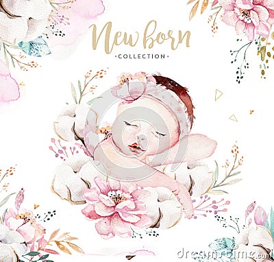 Cute newborn watercolor baby. New born child illustration girl and boy painting. Baby shower isolated birthday painting Cartoon Illustration