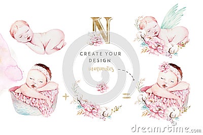 Cute newborn watercolor baby. New born child illustration girl and boy painting. Baby shower isolated birthday painting Cartoon Illustration