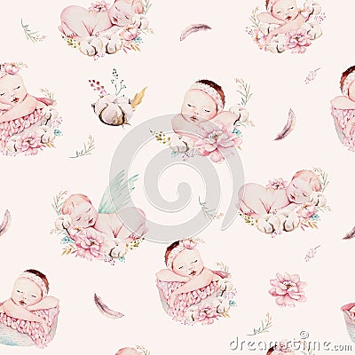 Cute newborn watercolor baby pattern. New born dream sleeping child illustration girl and boy patterns. Baby shower Cartoon Illustration