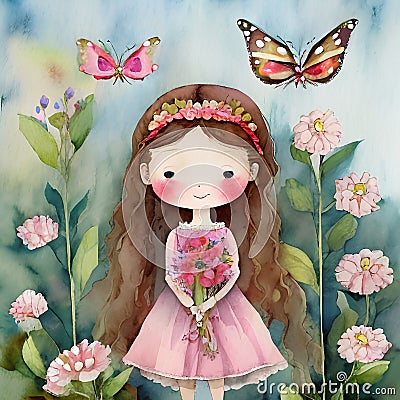 A cute, nice girl between flowers and butterflies in a meadow Cartoon Illustration