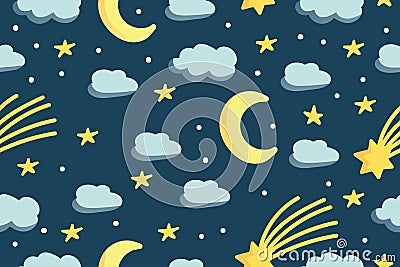 Cute night sky with yellow stars , moon and clouds. Seamless pattern. Modern hand drawn illustration in flat style. Baby nursery Cartoon Illustration