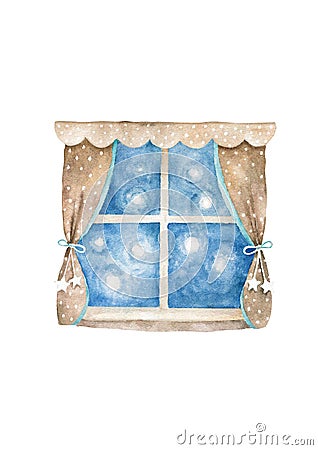 Cute night window blue sky. Kids bedtime hand drawn watercolor illustration on white background Cartoon Illustration