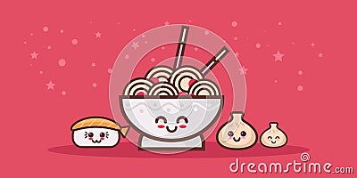 Cute noodle ramen bowl sushi and dumpling set cartoon comic characters with smiling faces happy emoji kawaii style asian Vector Illustration