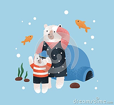 Cute Northern bear family. Baby animal characters, mother and child. Childish nursery fairytale. Adorable mom and kid Vector Illustration