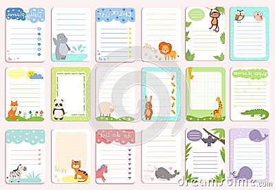 Cute notes collection, vector illustration. Kids daily planner banner set for school education. Organizer for cartoon Vector Illustration