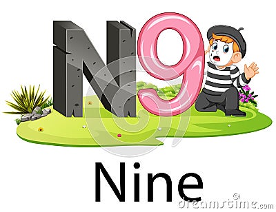 Cute number alphabet N for nine with the pantomime Vector Illustration