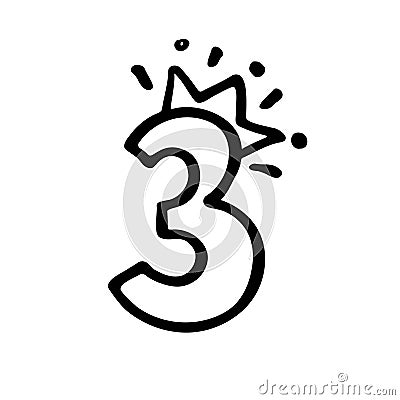 Cute number 3 with crown. Hand drown vector three. Design for baby birthday, little princess or prince party decoration, logo, Stock Photo