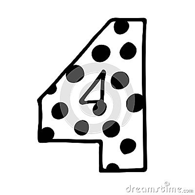 Cute number 4. Hand drown vector fourth with polka dot. Design for 4 years baby, baby party decor, logo, sticker, greeting card, Stock Photo