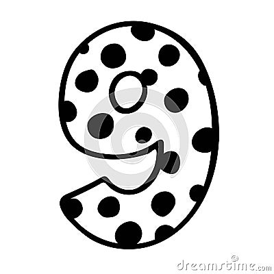 Cute number 9. Hand drown vector nine with polka dot. Design for 9 years kid, kid party decor, logo, sticker, greeting card, shirt Stock Photo