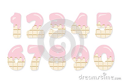 Cute numbers set for birthday design. White chocolate with melted pastel pink cream. Girly. Stock Photo