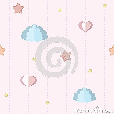 Cute nursery, children`s bedroom wallpaper with paper clouds, stars and hearts. Seamless pink pattern with dotted stripes. Vector Illustration