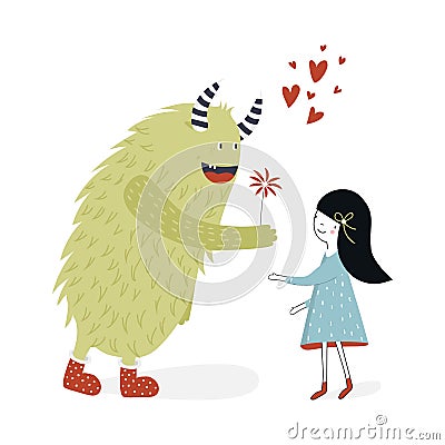 Cute nursery poster with girl and monster. Vector illustration in scandinavian style Cartoon Illustration