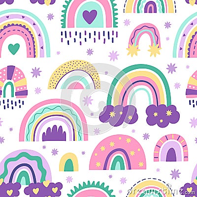 Cute nursery rainbow pattern. Doodle childish seamless pattern, scandinavian style rainbow. Kids nursery rainbows vector Vector Illustration