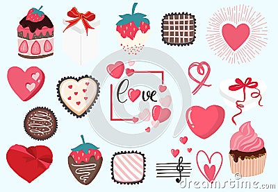 Cute object valentine collection with chocolate,strawberry,cupcake.Vector illustration for icon,logo,sticker,printable Vector Illustration