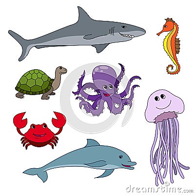 Cute ocean animals isolated on white. Childish illustrati Cartoon Illustration