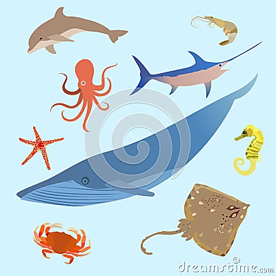 Cute ocean animals simple creatures. Octopus, shark sea cartoon fish. Vector Vector Illustration