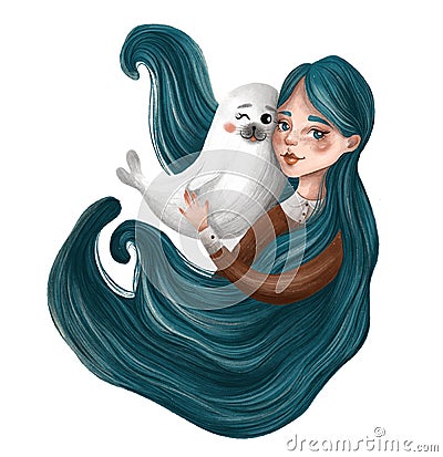 Cute ocean girl and little seal Cartoon Illustration
