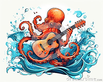 The cute octopus is playing guitar music. Stock Photo