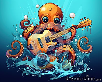 The cute octopus is playing guitar music. Cartoon Illustration