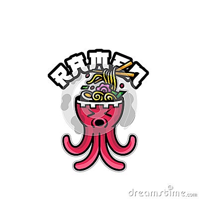 Cute octopus ramen mascot logo design illustration Vector Illustration