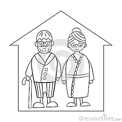 Cute old couple, grandma and grandpa at home in isolation, coloring page. Stay at home. Quarantine Vector Illustration