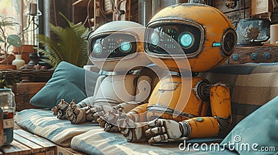 Cute old little domestic robots assistants sitting on couch in comfortable room Stock Photo