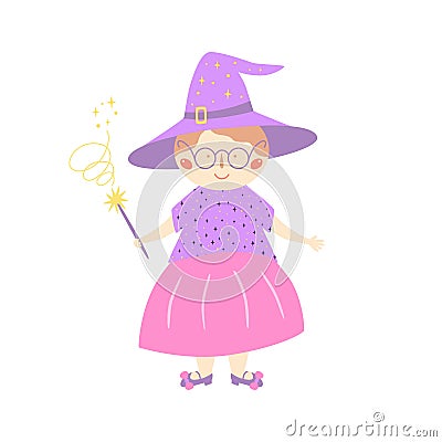 Cute old witch in purple hat with magic wand. Character for Halloween holiday, kids cards. Sorceress, Magician woman Vector Illustration