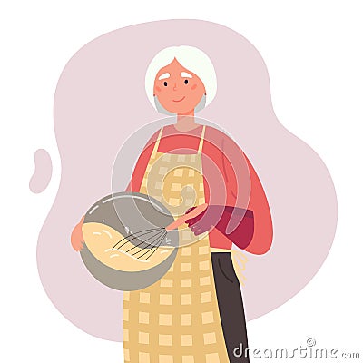 Cute old woman cooks with prosthetic arm Vector Illustration