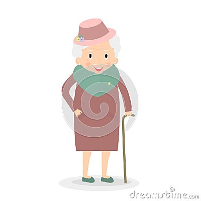 Cute Old woman with walking stick. Grandmother in hat. Senior lady on walk. Vector, illustration. Vector Illustration