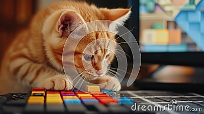 A cute orange cat dives into a Tetris challenge with playful delight. Ai Generated Stock Photo