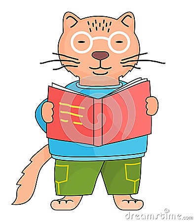 Cute orange cat in eyeglasses reading book isolated at white, clever cartoon character, student Vector Illustration