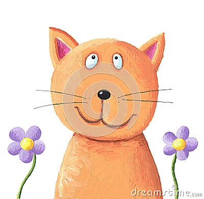 Cute orange cat with purple flowers Cartoon Illustration