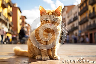 Cute orange cat sitting on Spanish old town street. Details of Spain. Beautiful red haired young kitten lost in city and Stock Photo