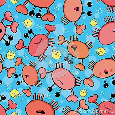 Cute orange crab and yellow jellyfish with random bubbles. Seamless vector pattern on blue background with transparent Vector Illustration