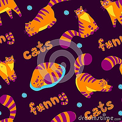 Cute orange funny cat different poses, colorful illustration seamless pattern. Lovely cat. Greeting cards, posters, banners. Cartoon Illustration